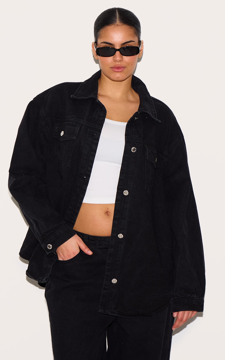 Plus Washed Black Long Sleeve Denim Shirt image 1