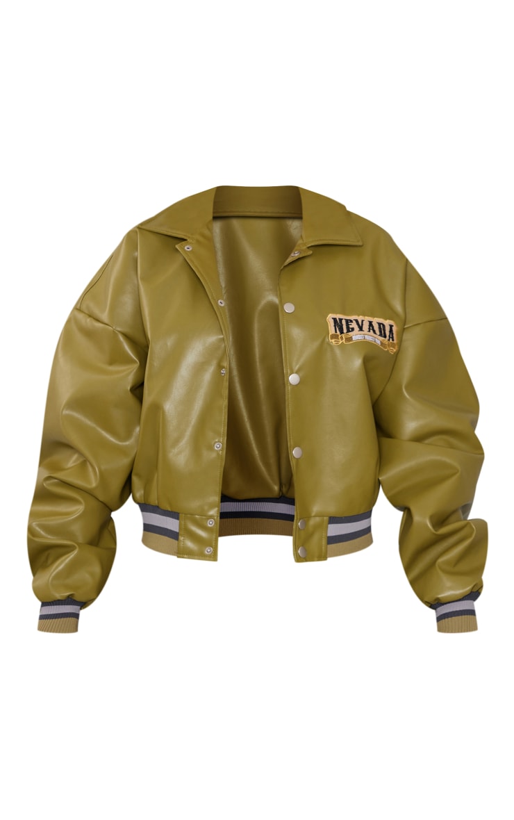  Olive Khaki Faux Leather Contrast Rib Bomber Jacket image 5