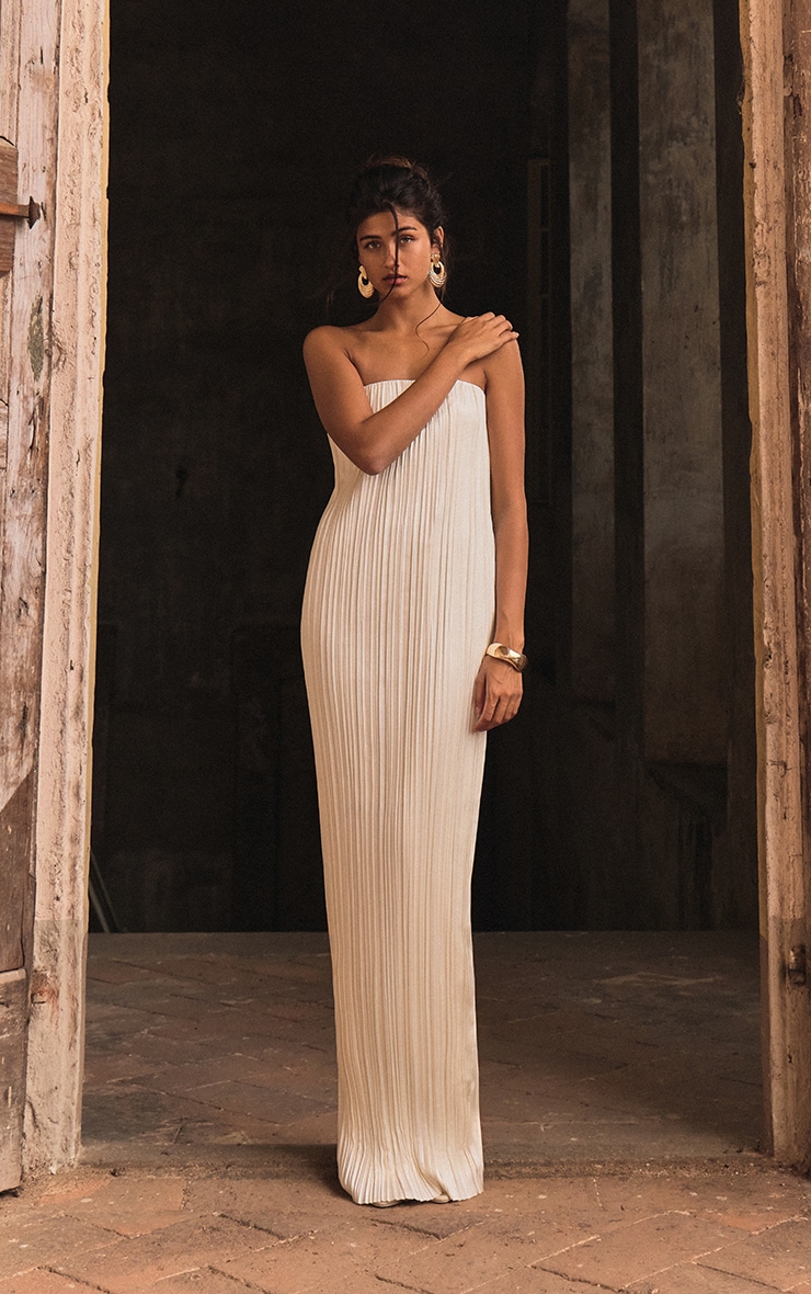 PLT Label Ivory Plisse Satin Column Bandeau Maxi Dress image 3