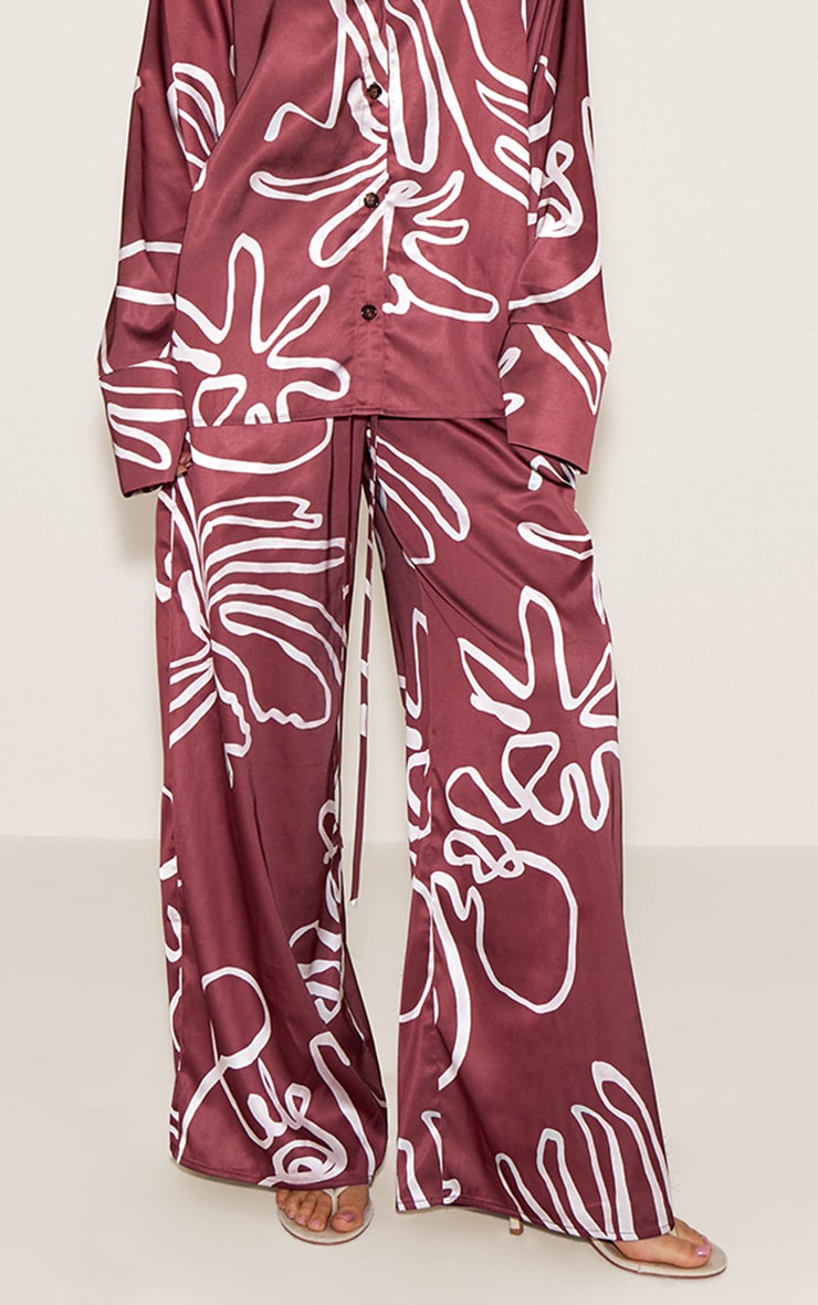 Brown Printed Satin Drawstring Wide Leg Pants image 2