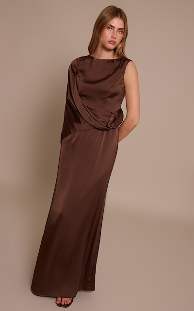 Chocolate Asymmetric Cape Detail Boat Neck Maxi Dress
