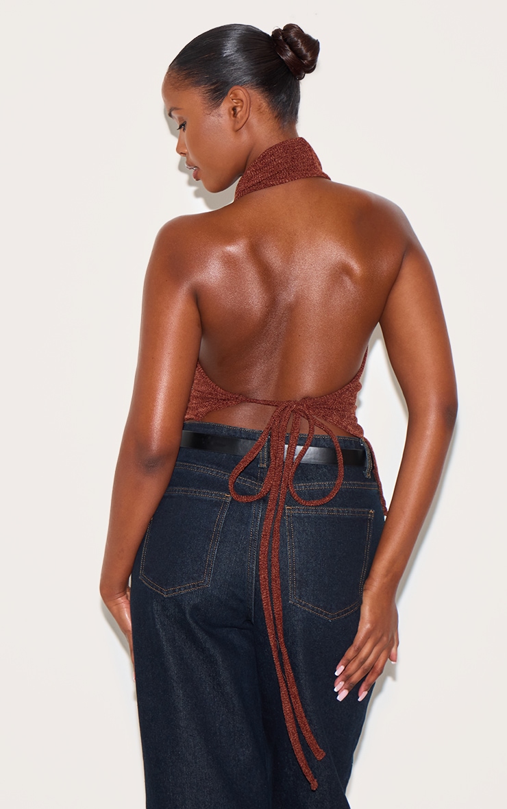 Brown Textured Cowl Neck Backless Long Top image 2
