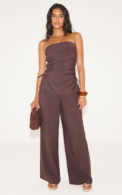 Pantalon droit tissé chocolat à taille élastique