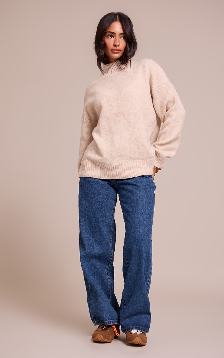 Petite Oatmeal Knit Oversized Polo Neck Sweater image 3