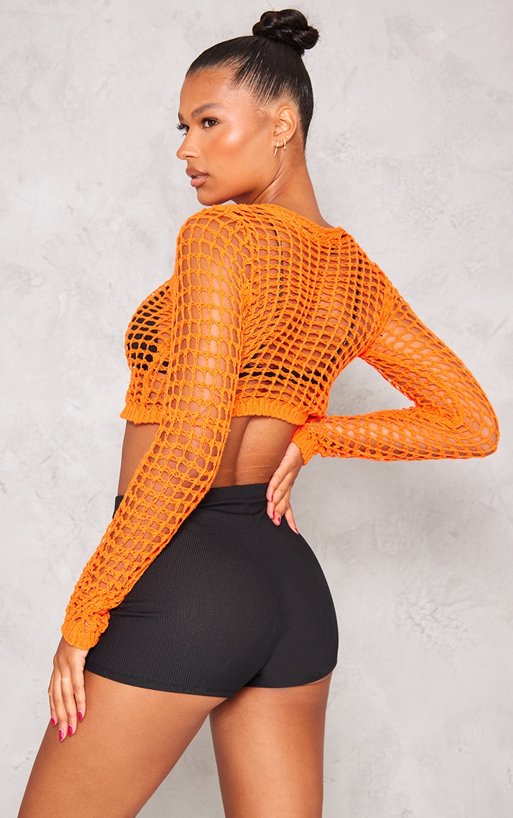 Orange Crochet Open Knit Long Sleeve Top PrettyLittleThing