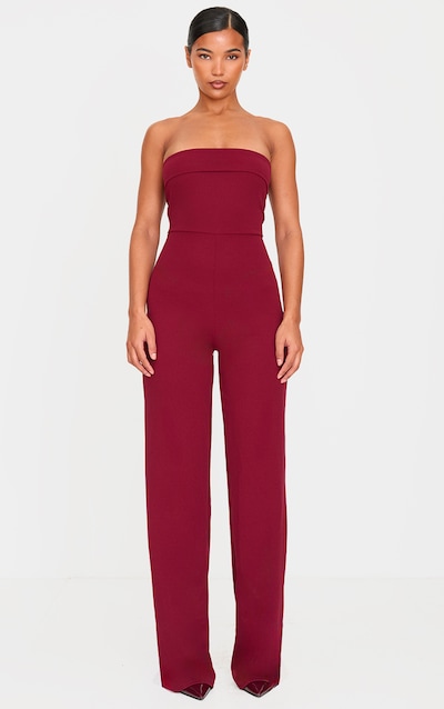 Burgundy Crepe Fold Over Detail Wide Leg Jumpsuit
