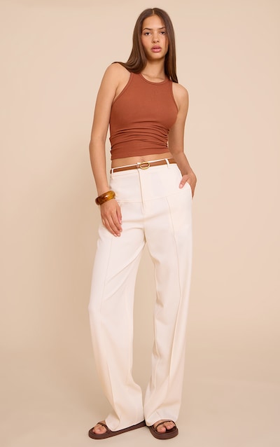 Cream Tailored Thick Belted Waistband Detail Wide Leg Pants