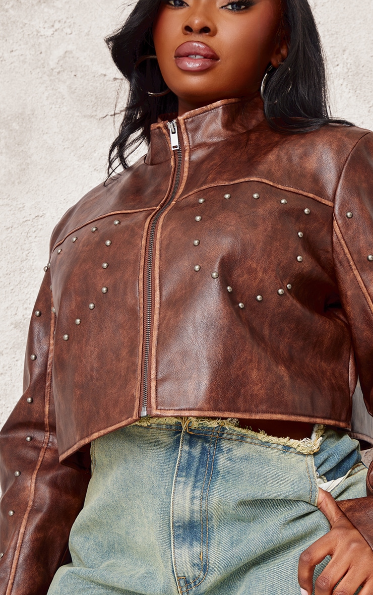 Plus Brown Faux Leather Studded Cropped Jacket image 4