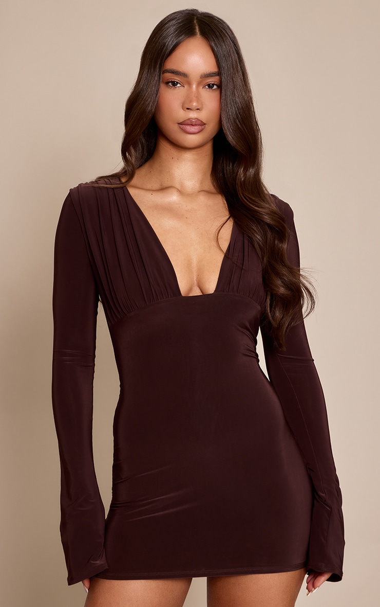 Chocolate Slinky V Neck Long Sleeve Mini Dress image 1