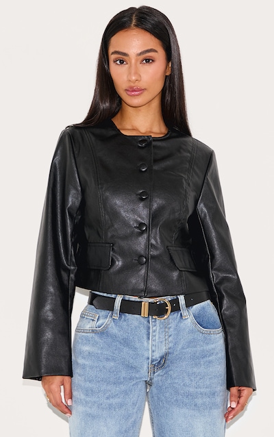 Petite Black Faux Leather Boxy Jacket