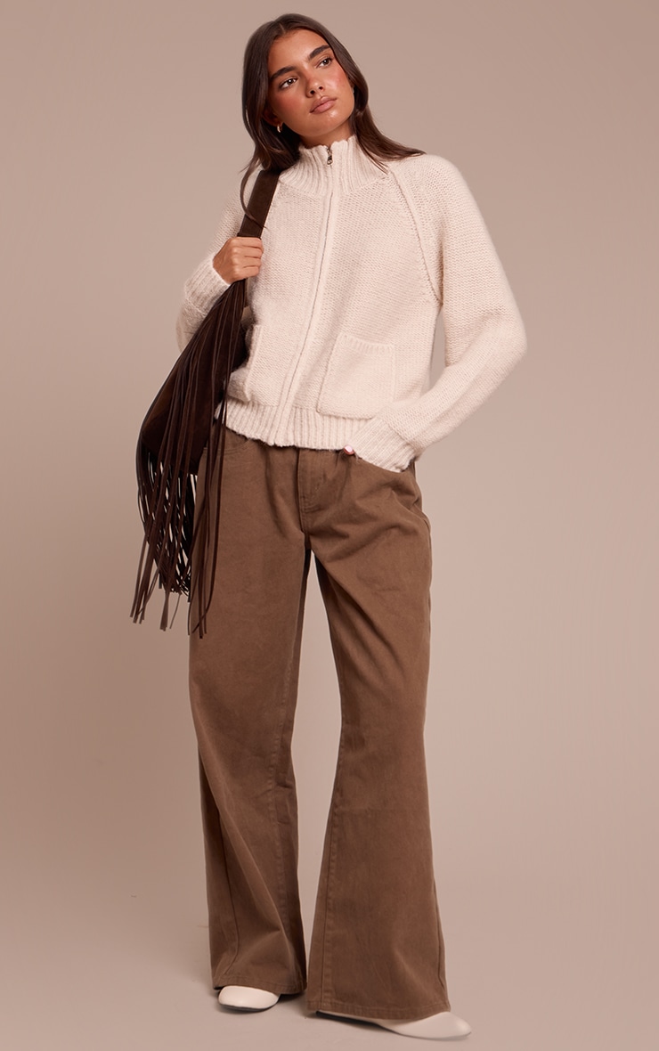 Cream Zip Up Pocket Detail Knitted Cardigan image 3