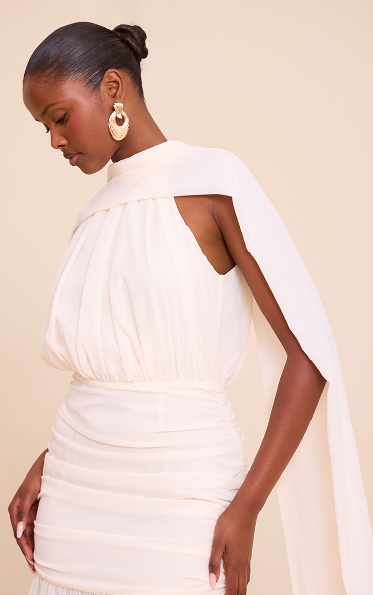 Cream High Neck Scarf Detail Ruched Maxi Dress image 4