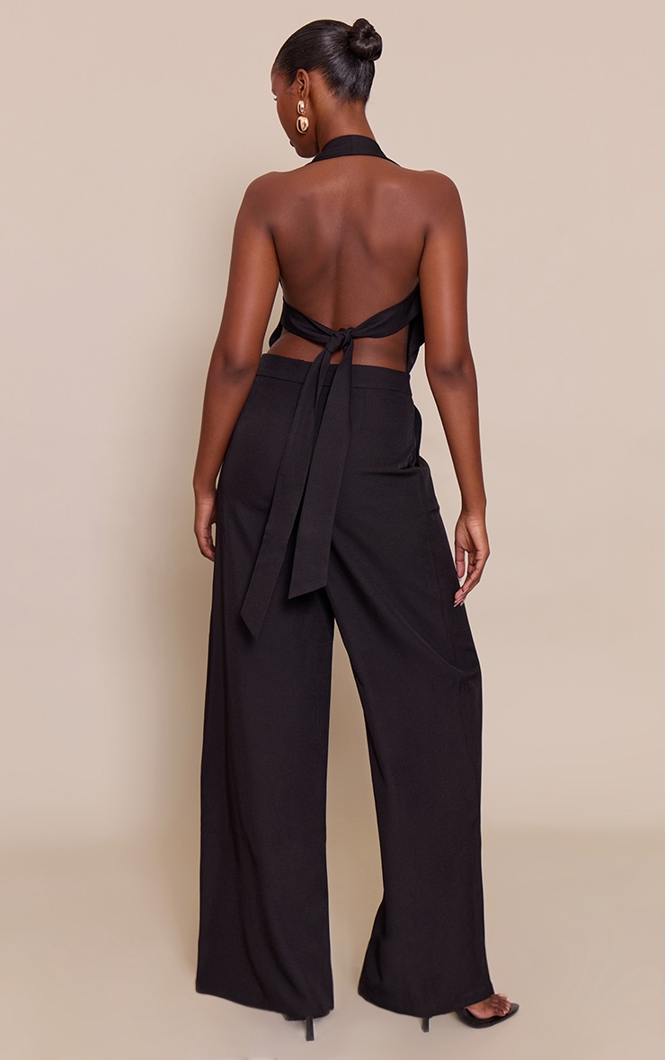 Black Tailored Plunge Halter Neck Wide Leg Jumpsuit image 2