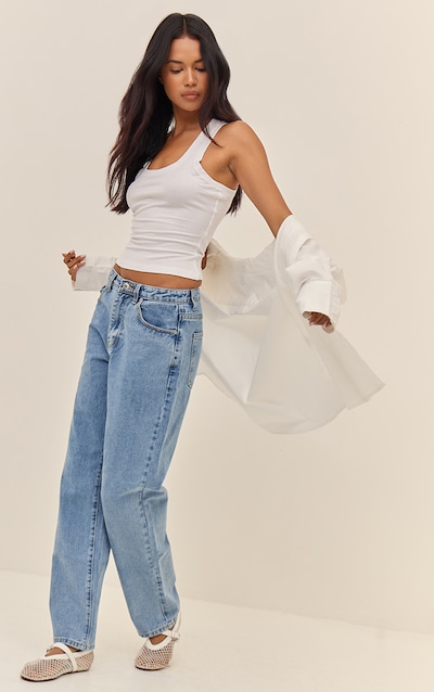 PRETTYLITTLETHING Mid Blue Wash High Waist Straight Leg Jeans