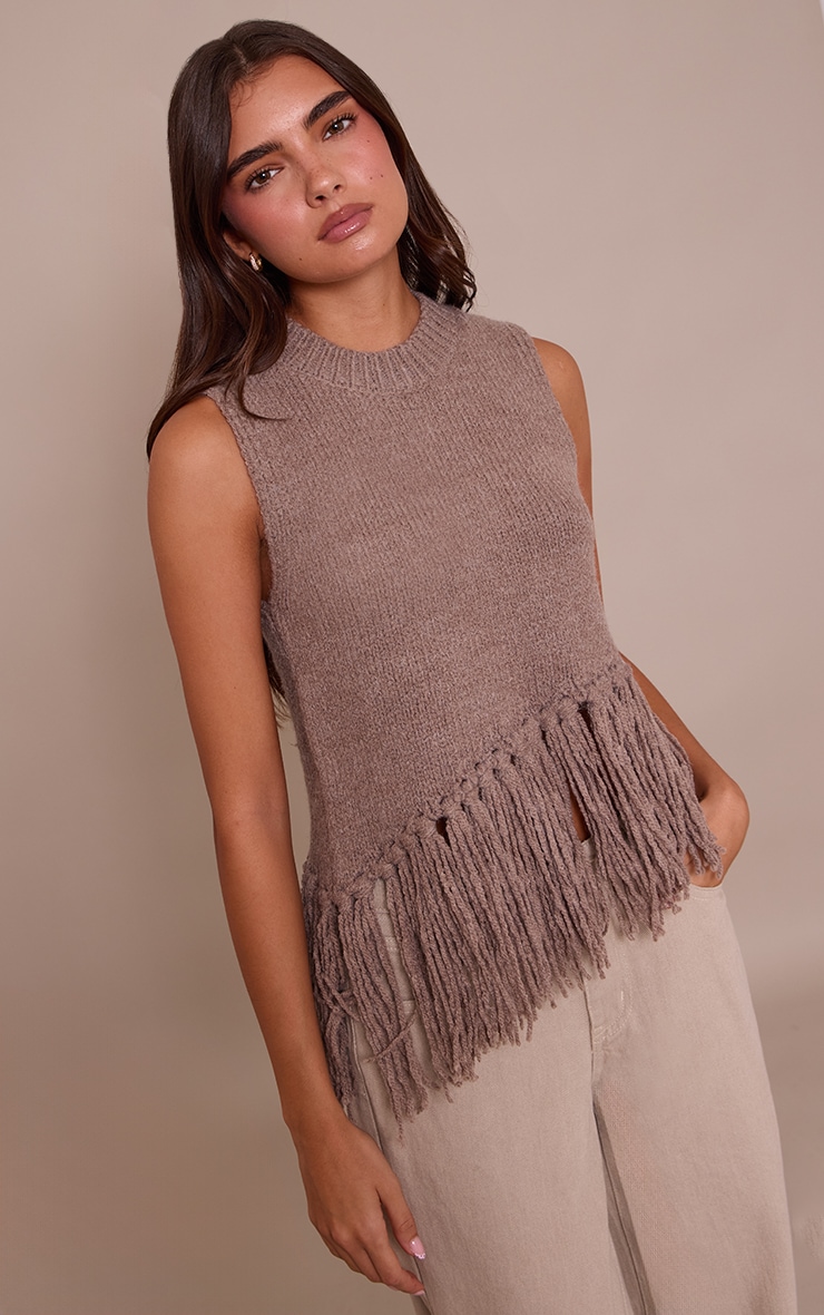 Brown Sleeveless Fringe Detail Sweater image 1
