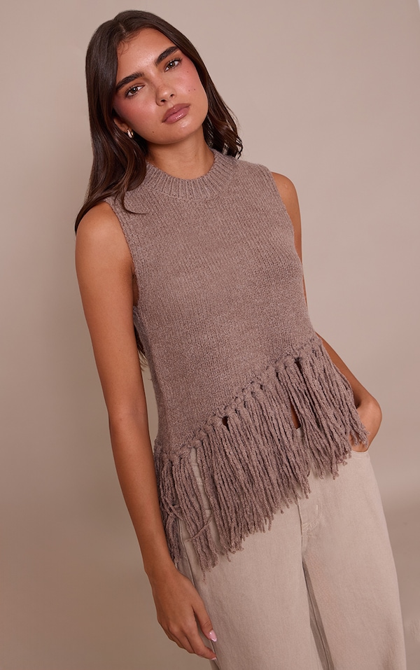 Brown Sleeveless Fringe Detail Sweater