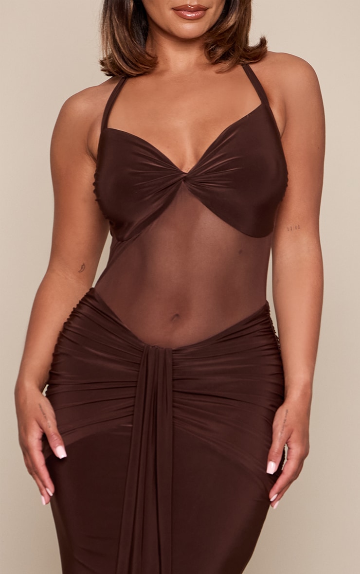 Shape Chocolate Slinky Mesh Panel Drape Detail Halterneck Maxi Dress image 4