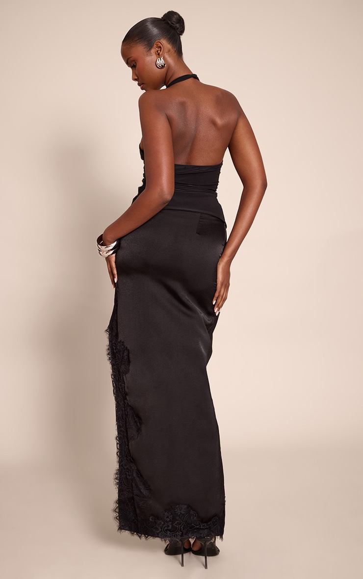Black Satin Lace Side Split Maxi Skirt image 3