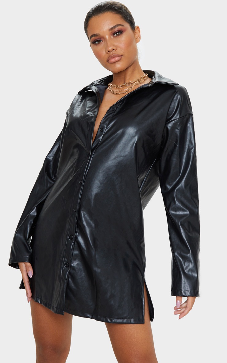 Black Faux Leather Oversized Shirt Dress