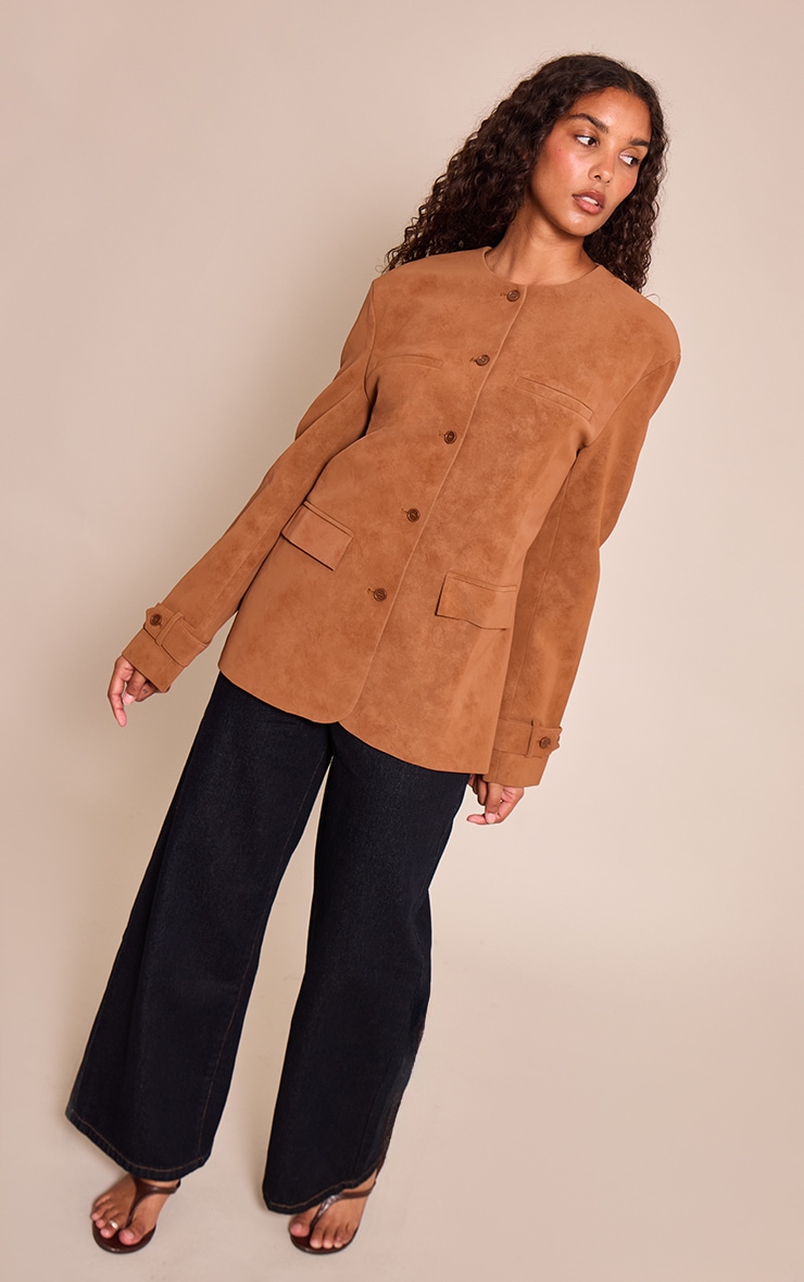 Tan Collarless Button Detail Faux Suede  Jacket image 3