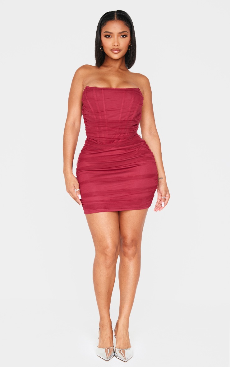 Shape Burgundy Mesh Corseted Ruched Bodycon Dress Shape PrettyLittleThing IRE
