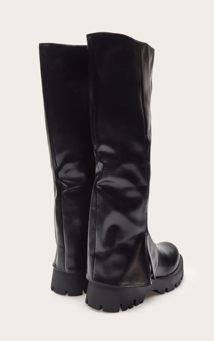 Black Faux Leather Cleated Sole Foldover Knee High Boots image 4