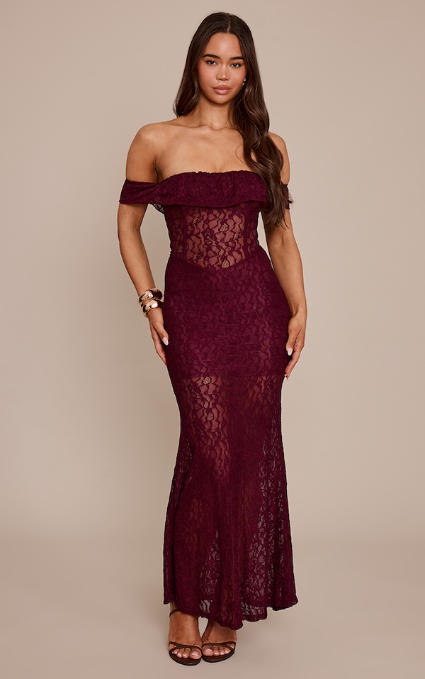 Plum Lace Bandeau Corset Detail Maxi Dress