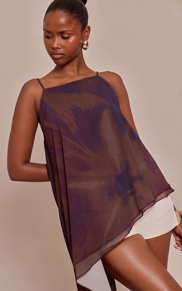 Mauve Printed Chiffon Strappy Asymmetric Longline Top