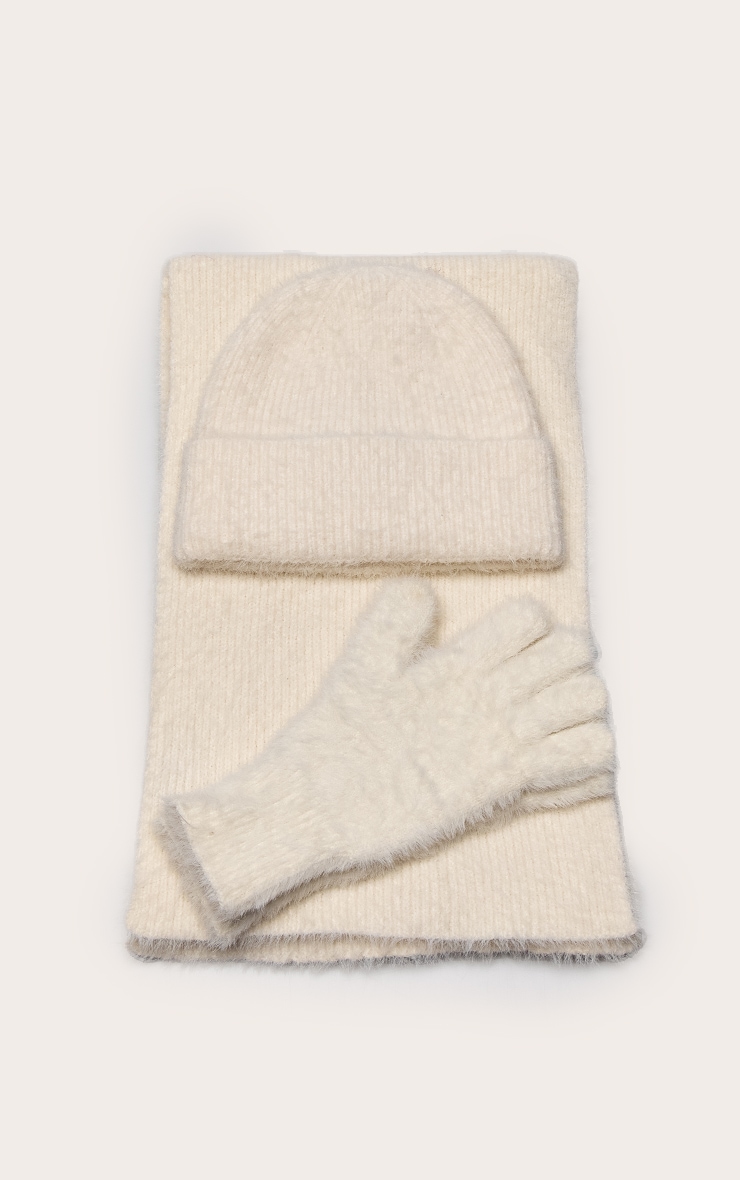 Cream Eyelash Knit Hat Scarf Gloves Gift Set image 3