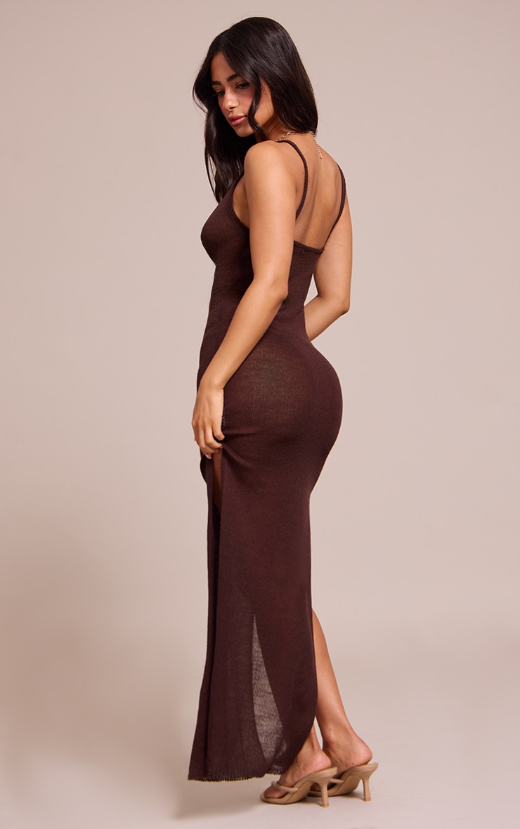 Petite Brown Sheer Knitted Strappy Maxi Dress image 2