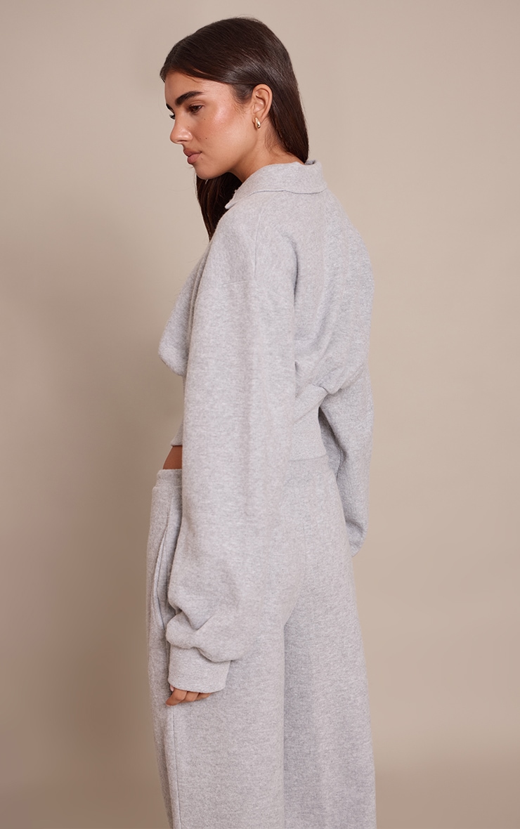 Grey Marl Brushed Rib Elasticated Balloon Sleeve Polo Top image 2