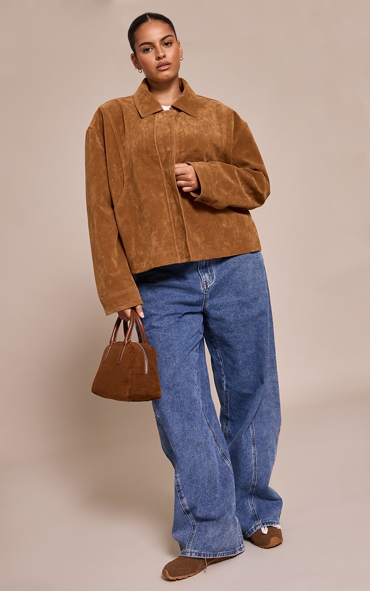Plus Tan Faux Suede Concealed Placket Bomber Jacket image 3