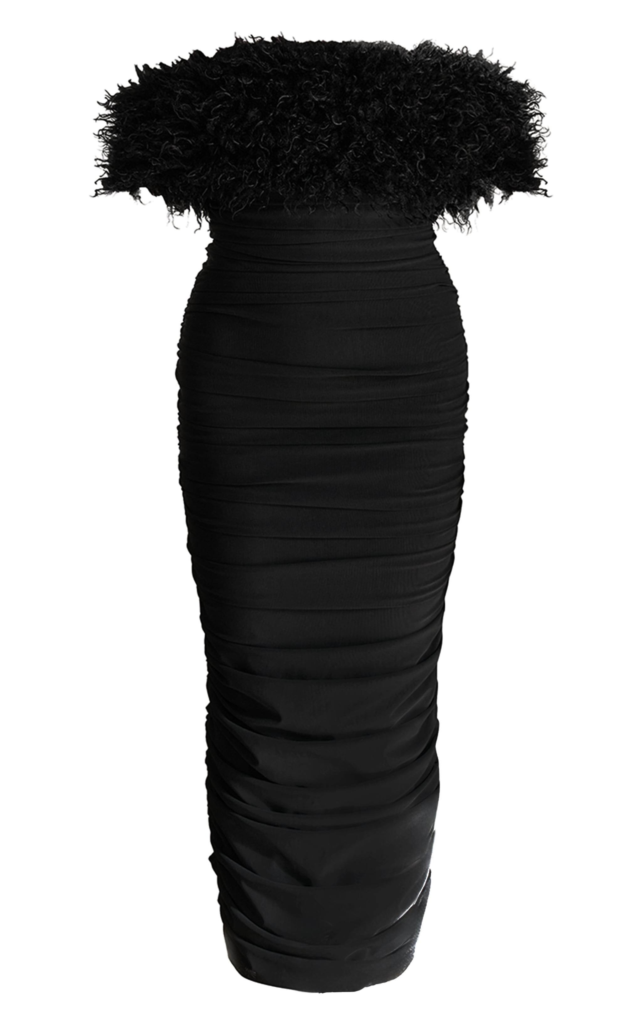 PLT Label Black Bandage Mesh Faux Shearling Bardot Ruched Midaxi Dress image 5