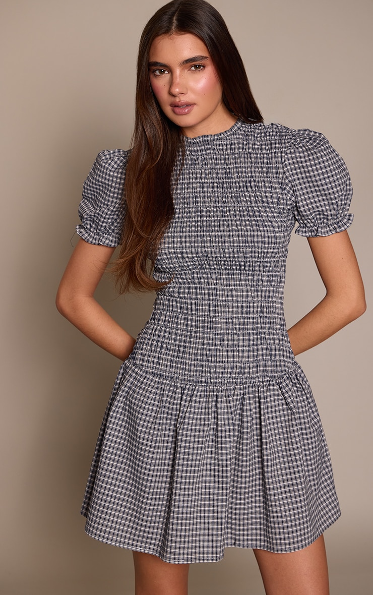 Navy Check Shirred Cap Sleeve Shift Dress image 1