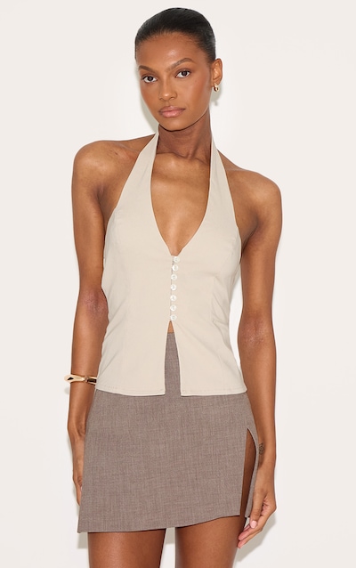 Stone Bengaline Button Up Halterneck Long Top