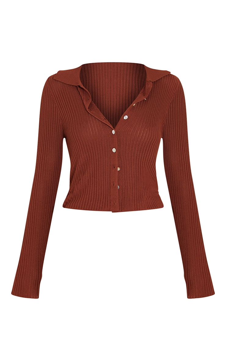 Rust Sheer Knit Button Down Long Sleeve Cardigan image 5