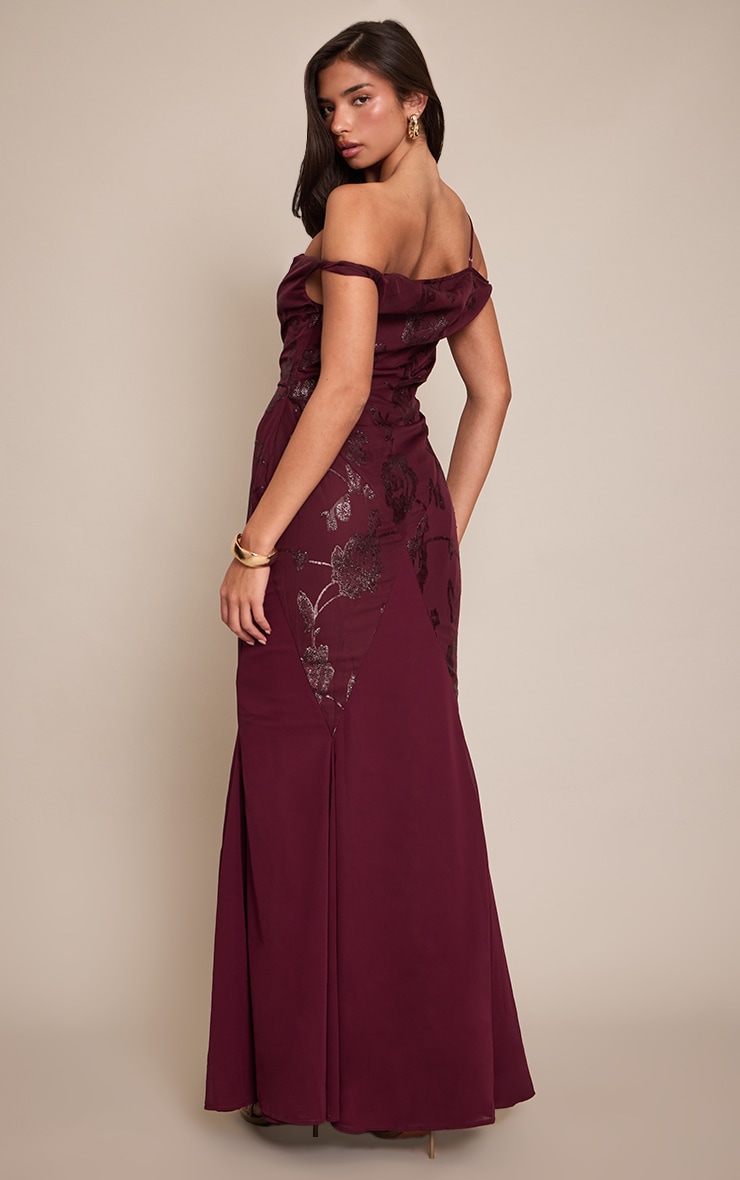 Wine Textured Bardot Godet Maxi Dress image 2