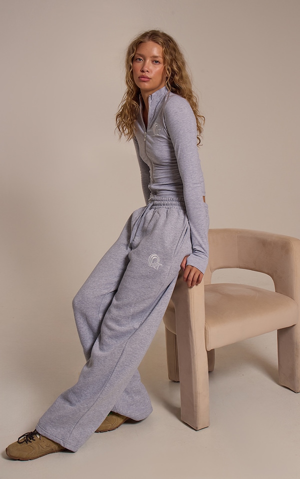 PRETTYLITTLETHING Grey Marl Embroidered Graphic Wide Leg Sweatpants