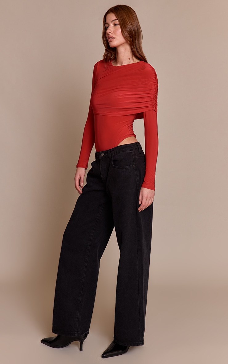 Red Double Layer Slinky Cape Detail Long Sleeve Bodysuit image 3