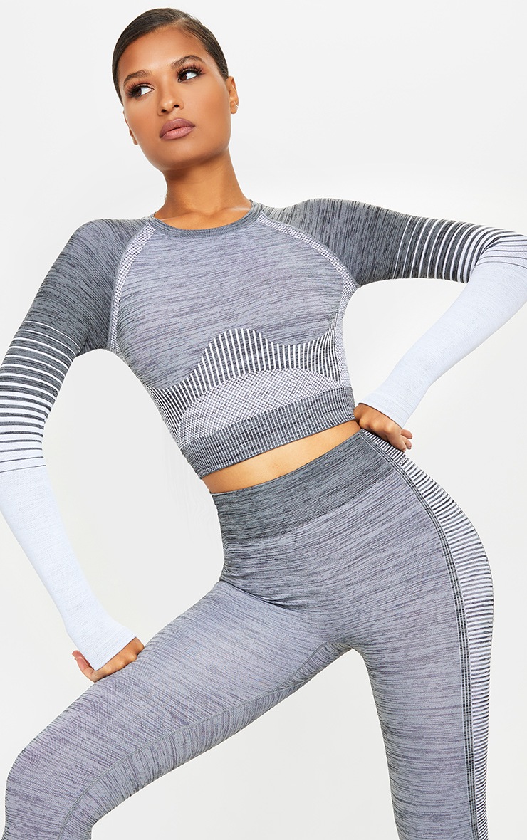 Grey Seamless Stripe Long Sleeve Sports Top