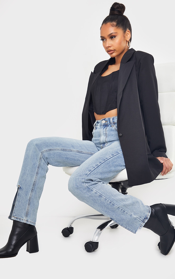 Black Square Toe Panel Flare Low Block Heel Ankle Boots