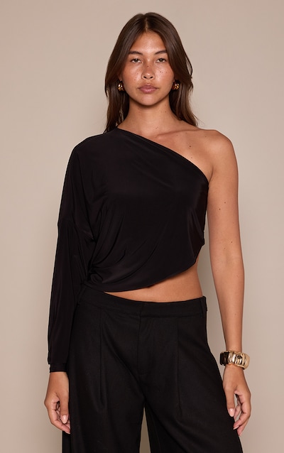 Black Slinky Slouchy One Shoulder Top