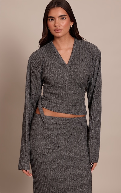 Charcoal Brushed Wrap Over Tie Waist Top