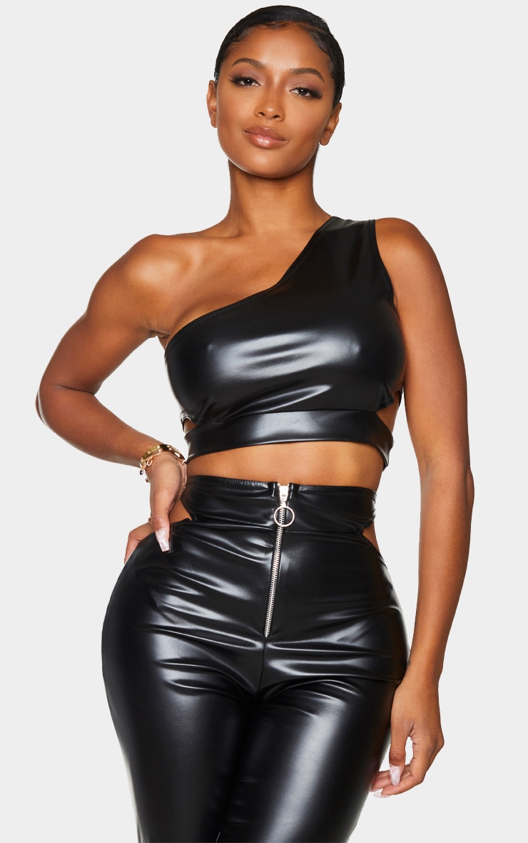 Shape Black PU One Shoulder Cut Out Crop Top
