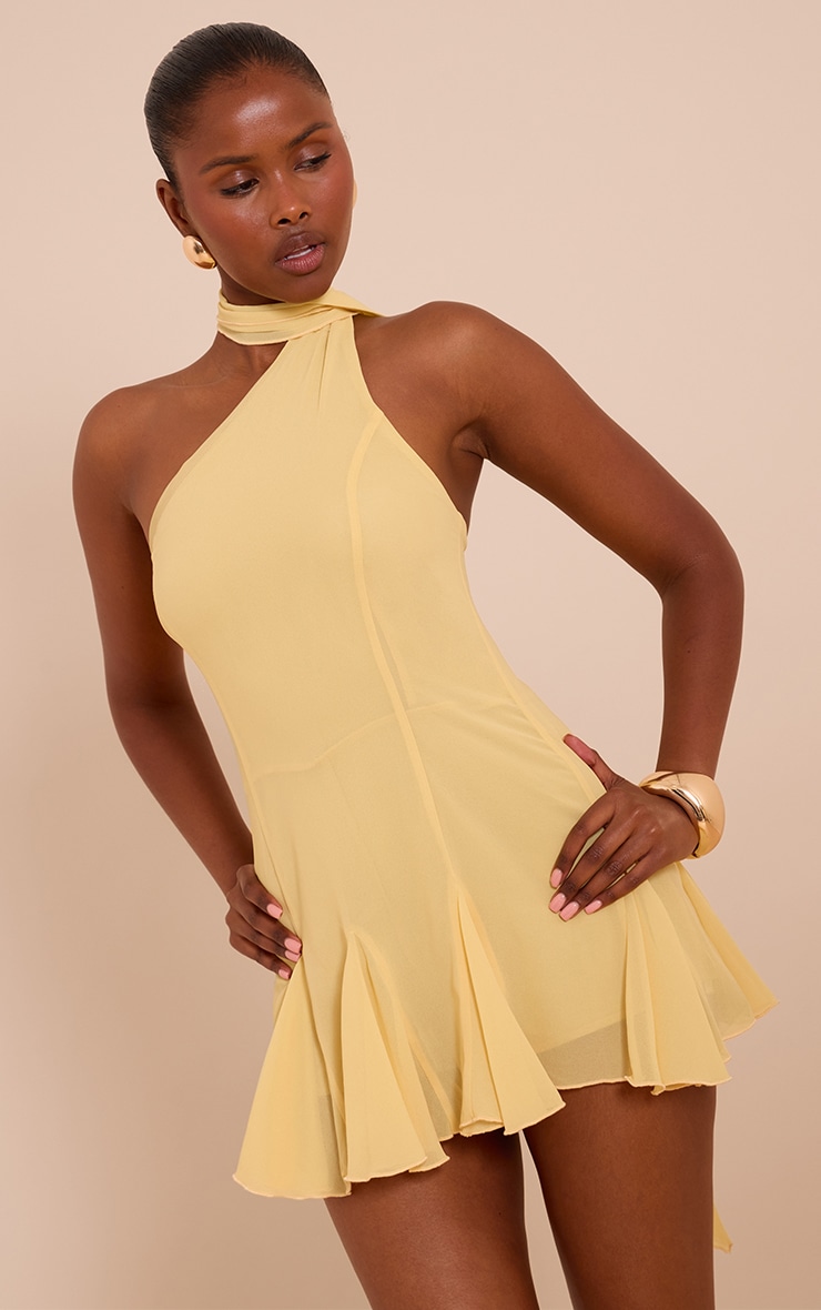 Yellow Chiffon Godet Neck Scarf Skort Playsuit image 1