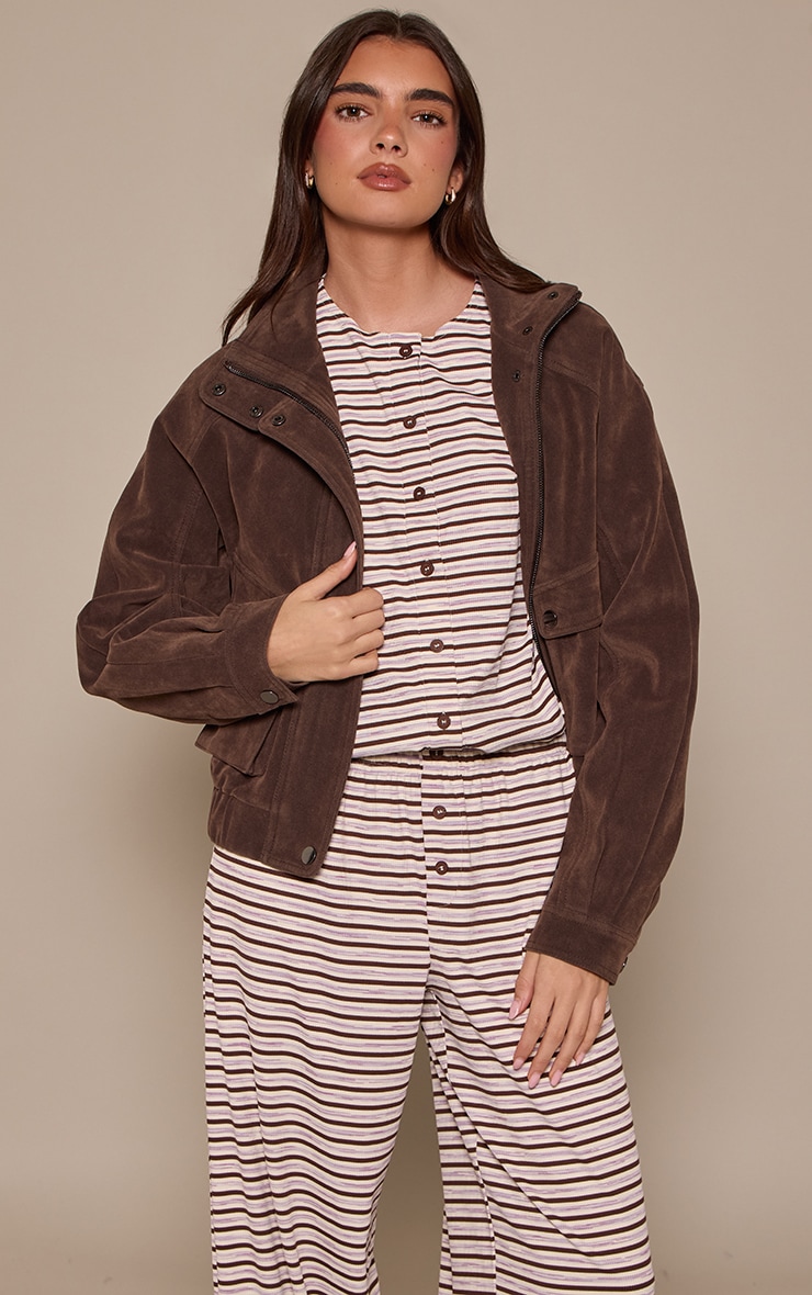 Dark Brown Stripe Soft Rib Relaxed Button Up Top image 1