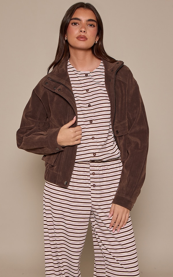 Dark Brown Stripe Soft Rib Relaxed Button Up Top