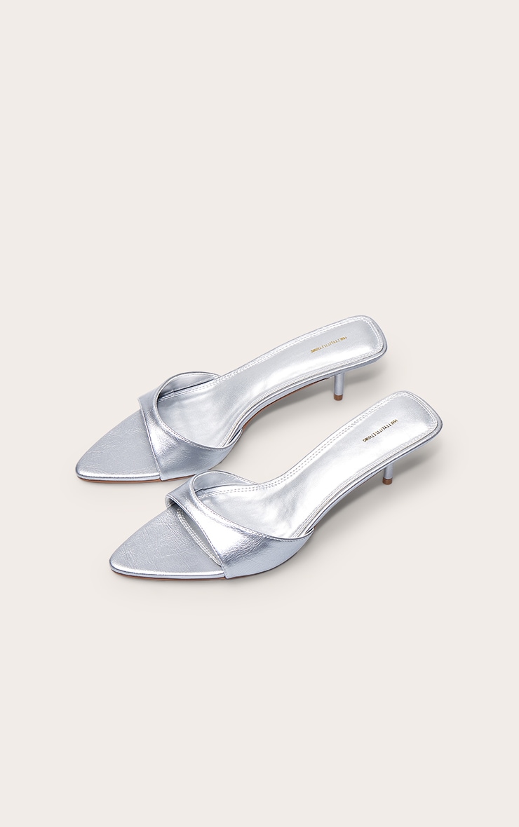 Silver Crinkle Point Toe Thin Strap Low Stiletto Heeled Mules image 5