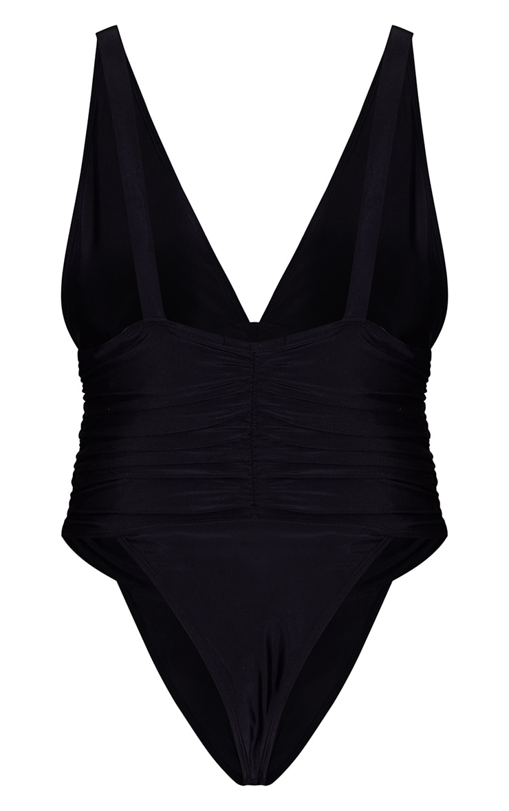 Black Ruched Waist High Leg Plunge Swimsuit image 6