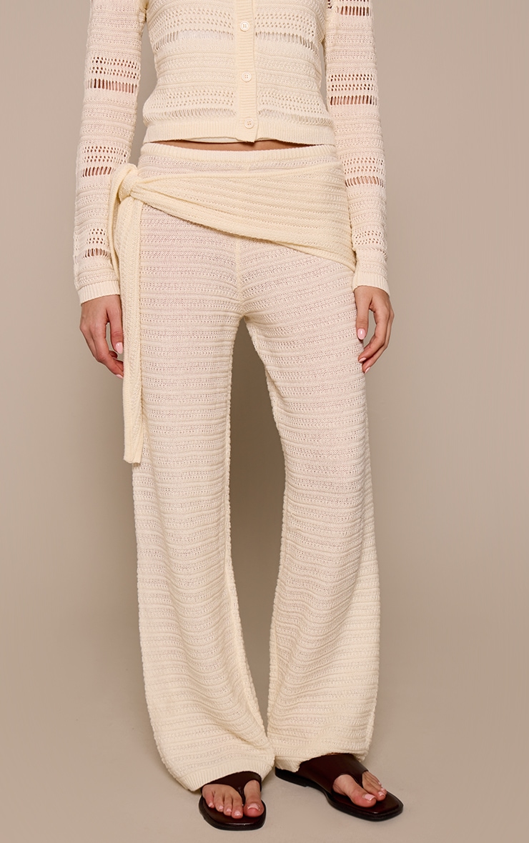 Cream Crochet Knit Striped Skirt Overlay Pants image 2
